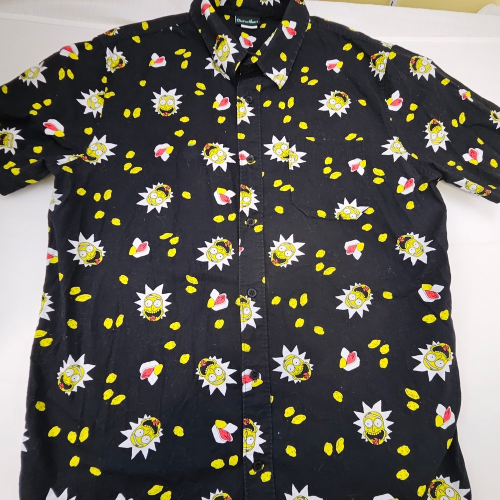 Rick and Morty Ripple Junction Mens Large Black Button Down Shirt Rick & Nuggets